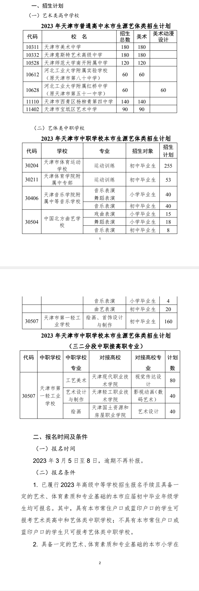 天津市艺术体育类高级中等学校招生章程